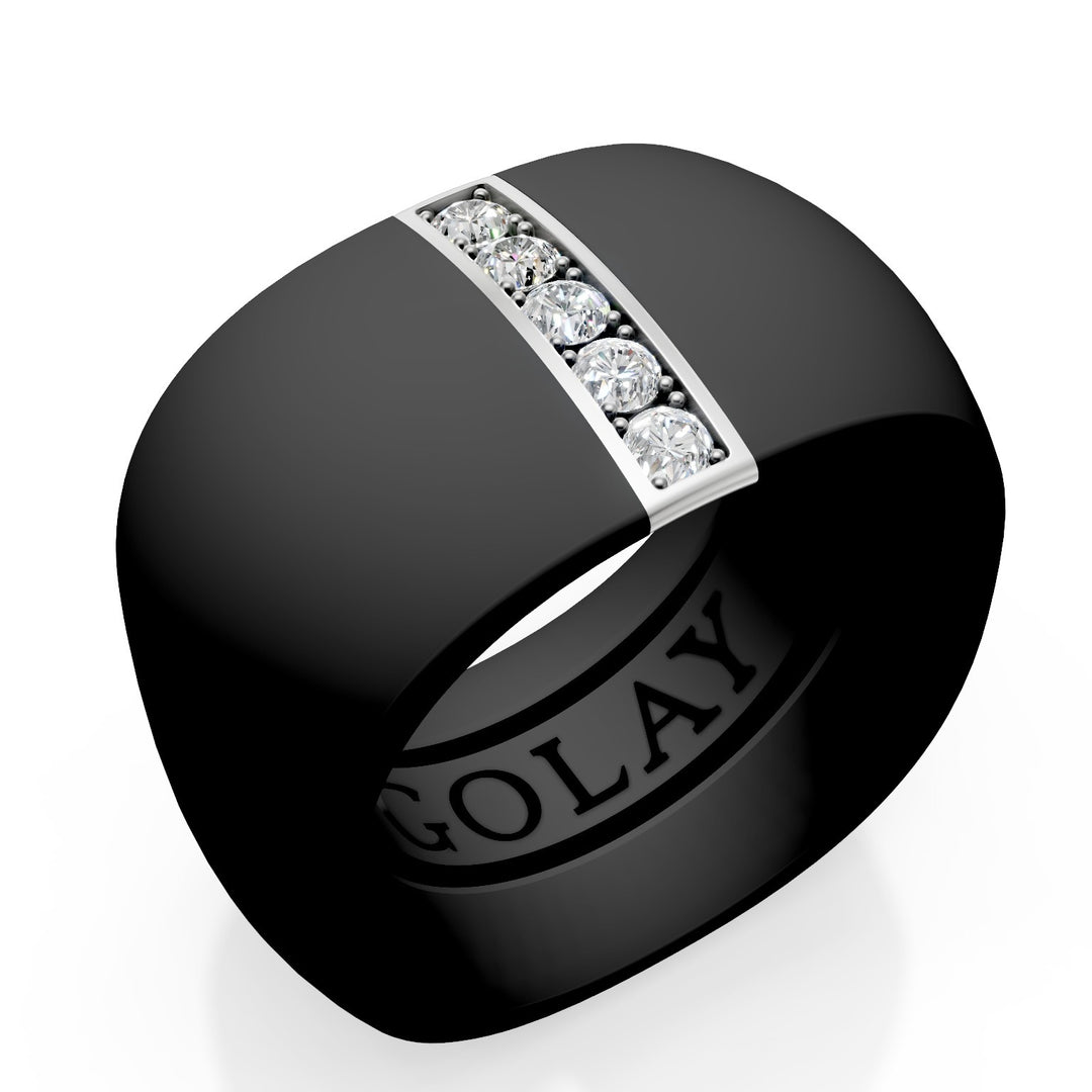 Golay black titanium band ring with 18k white gold linear insert set with diamonds, size 16, with internal spring for reduction GAN027O4DINE-16