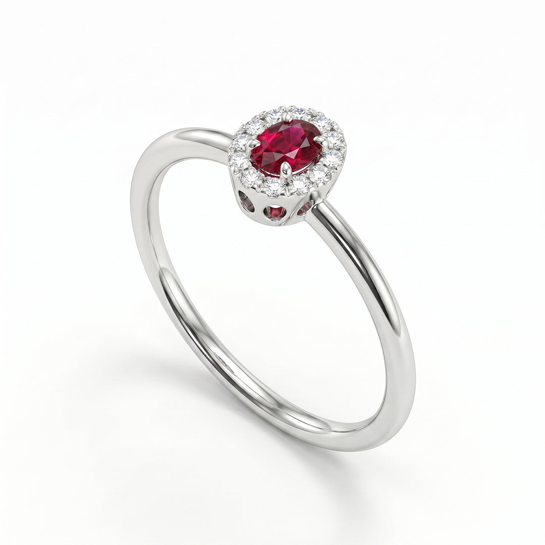 Mikiko un rubis ovale 18 carats 4x3 avec contour en diamant et tige lisse MA5233O4RBN