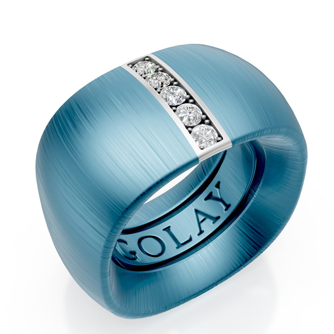 Golay band ring in blue titanium fabric texture with linear insert in 18k white gold set with diamonds, size 14, with internal spring for reduction GAN027O4DIBLTX-14