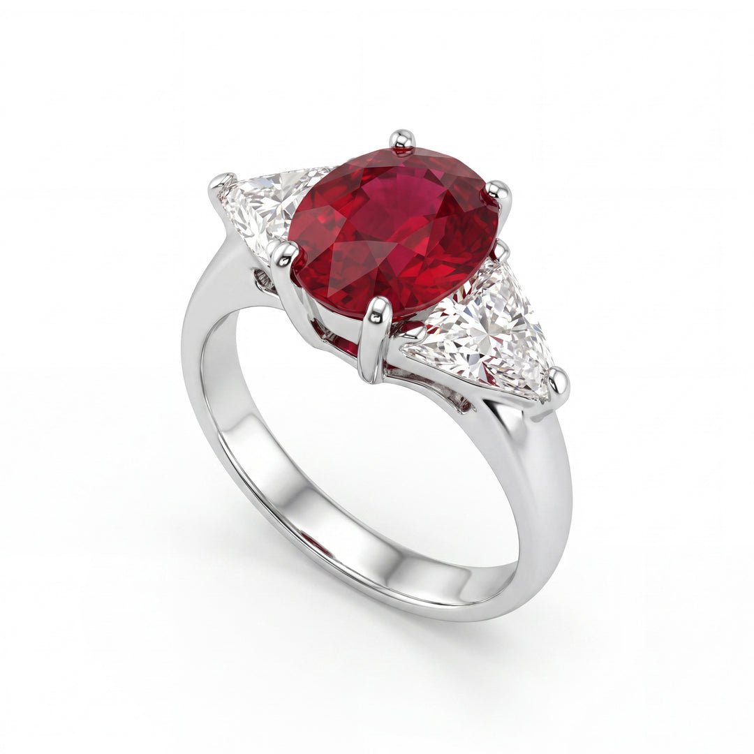 Golay ring with oval ruby 10x8 and lateral triangles APU546DRU-26023110078