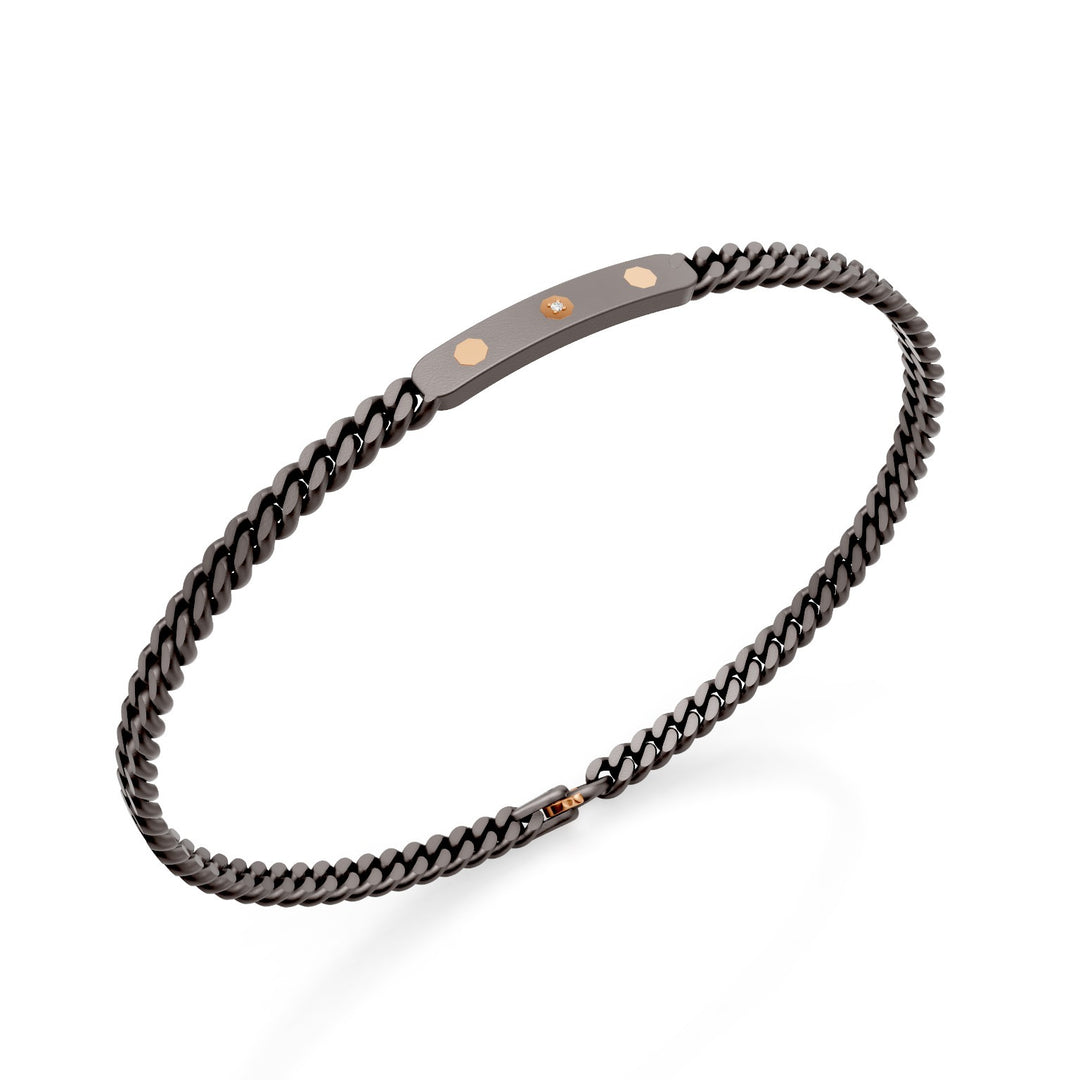 Groumette-Armband der World Diamond Group aus grauem Titan, mit Mittelsteg und achteckigen Einsätzen aus 18 Karat Roségold, von denen der Mittelsteg mit einem Diamanten besetzt ist, 21 cm GBR045O3DIGR-210