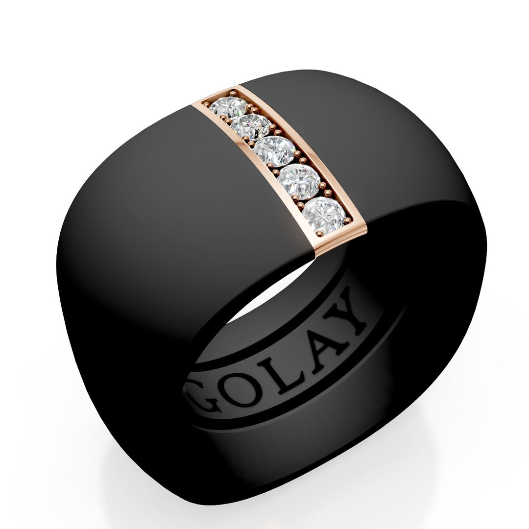 Golay black titanium band ring with 18k rose gold linear insert set with diamonds, size 15, with internal spring for reduction GAN027O3DINE-15