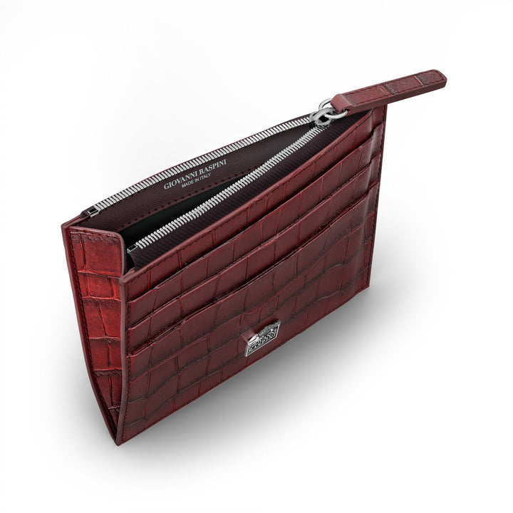 Giovanni Raspini kaarthouder met ritssluiting bordeaux crocoleer 925 zilver L0030