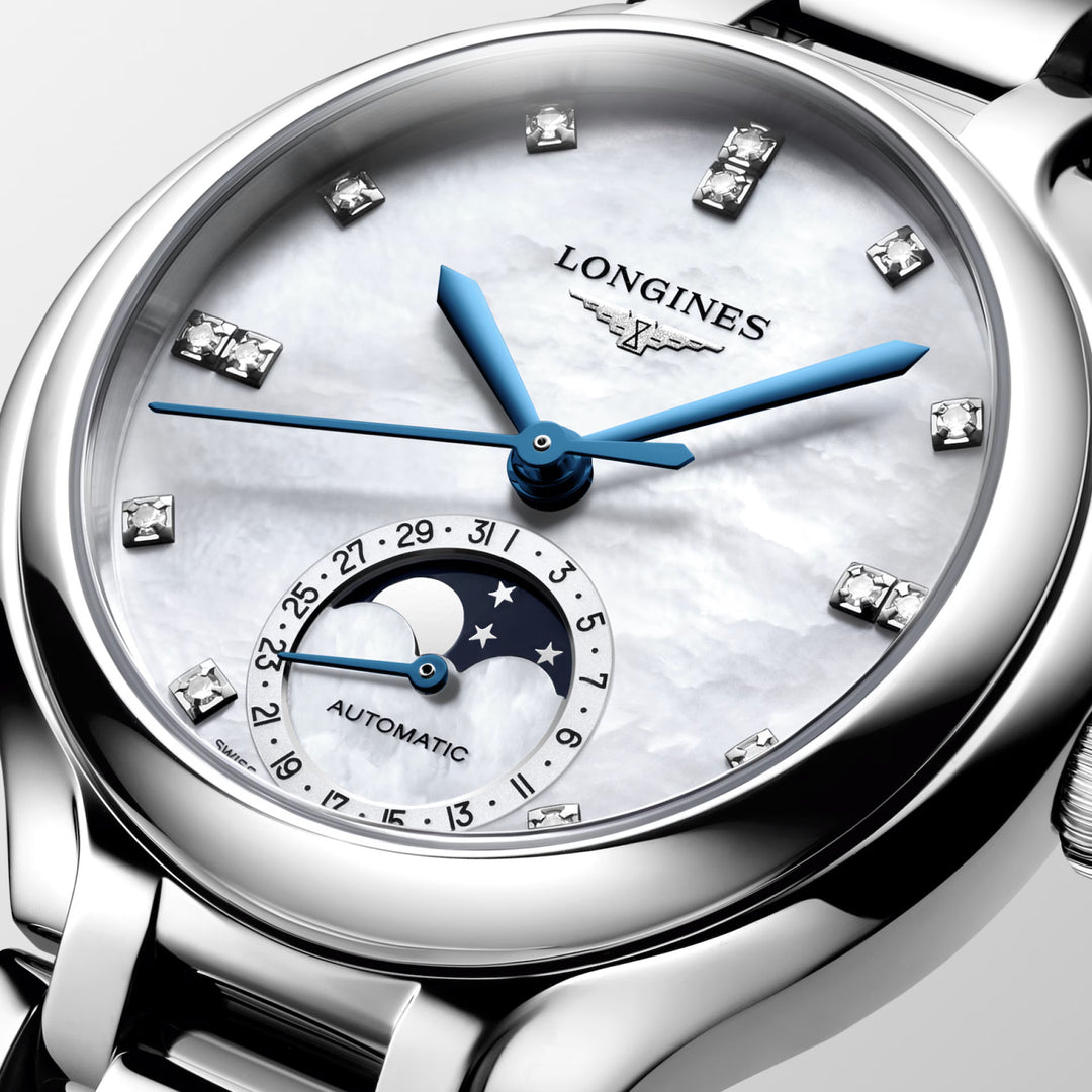 Longines Primaluna Moonphase horloge 34 mm parelmoer diamanten automatisch staal L8.126.4.87.6