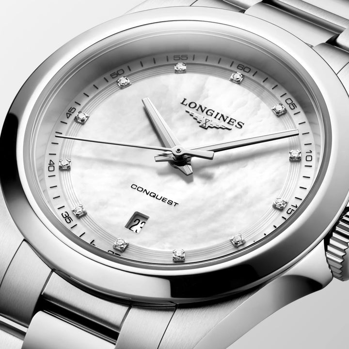 Longines Conquest watch 30mm mother of pearl diamonds quartz steel L3.350.4.87.6