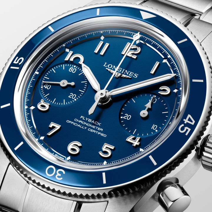 Longines horloge Spirit Pilot Flyback 39,5 mm blauw handmatig opwindbaar staal L3.721.4.93.6