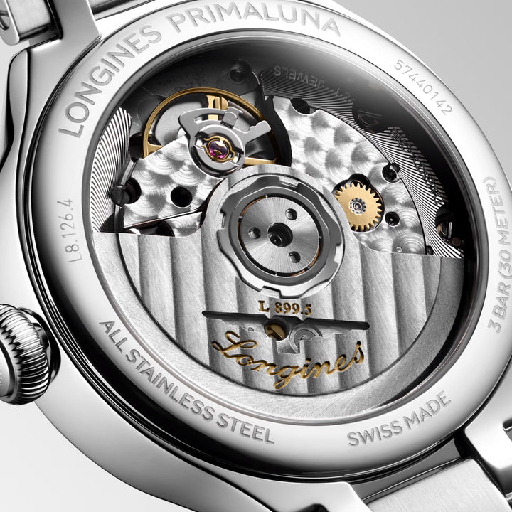 Longines Primaluna Moonphase horloge 34 mm parelmoer diamanten automatisch staal L8.126.4.87.6