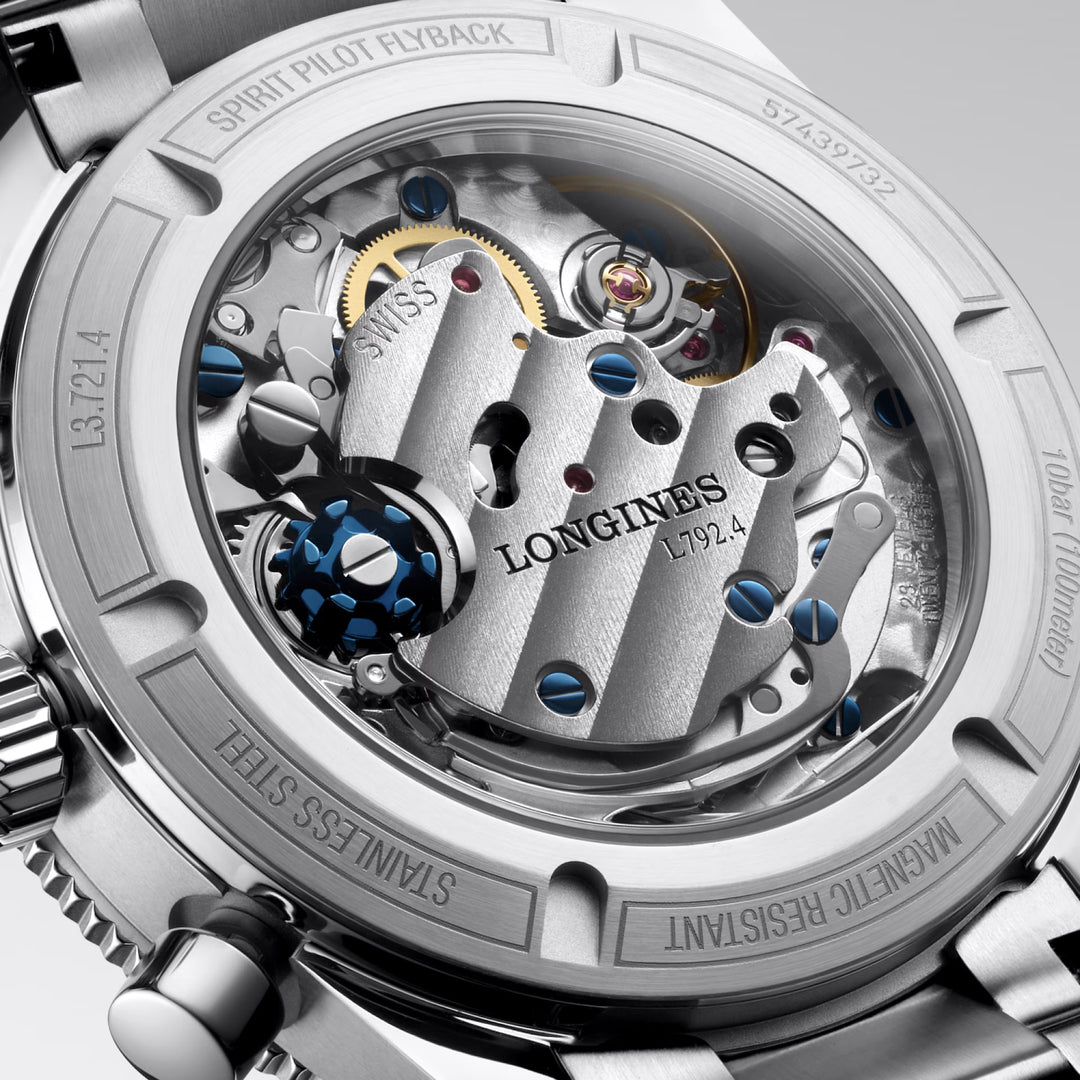 Longines horloge Spirit Pilot Flyback 39,5 mm blauw handmatig opwindbaar staal L3.721.4.93.6