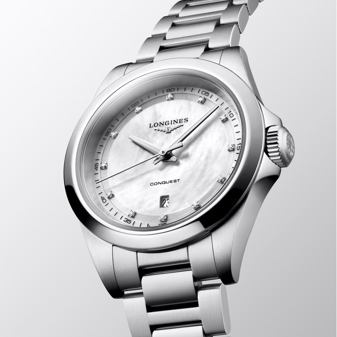 Longines Conquest watch 30mm mother of pearl diamonds quartz steel L3.350.4.87.6