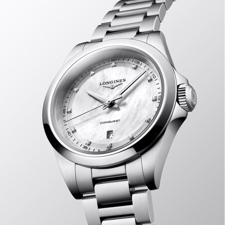 Longines Conquest watch 30mm mother of pearl diamonds quartz steel L3.350.4.87.6