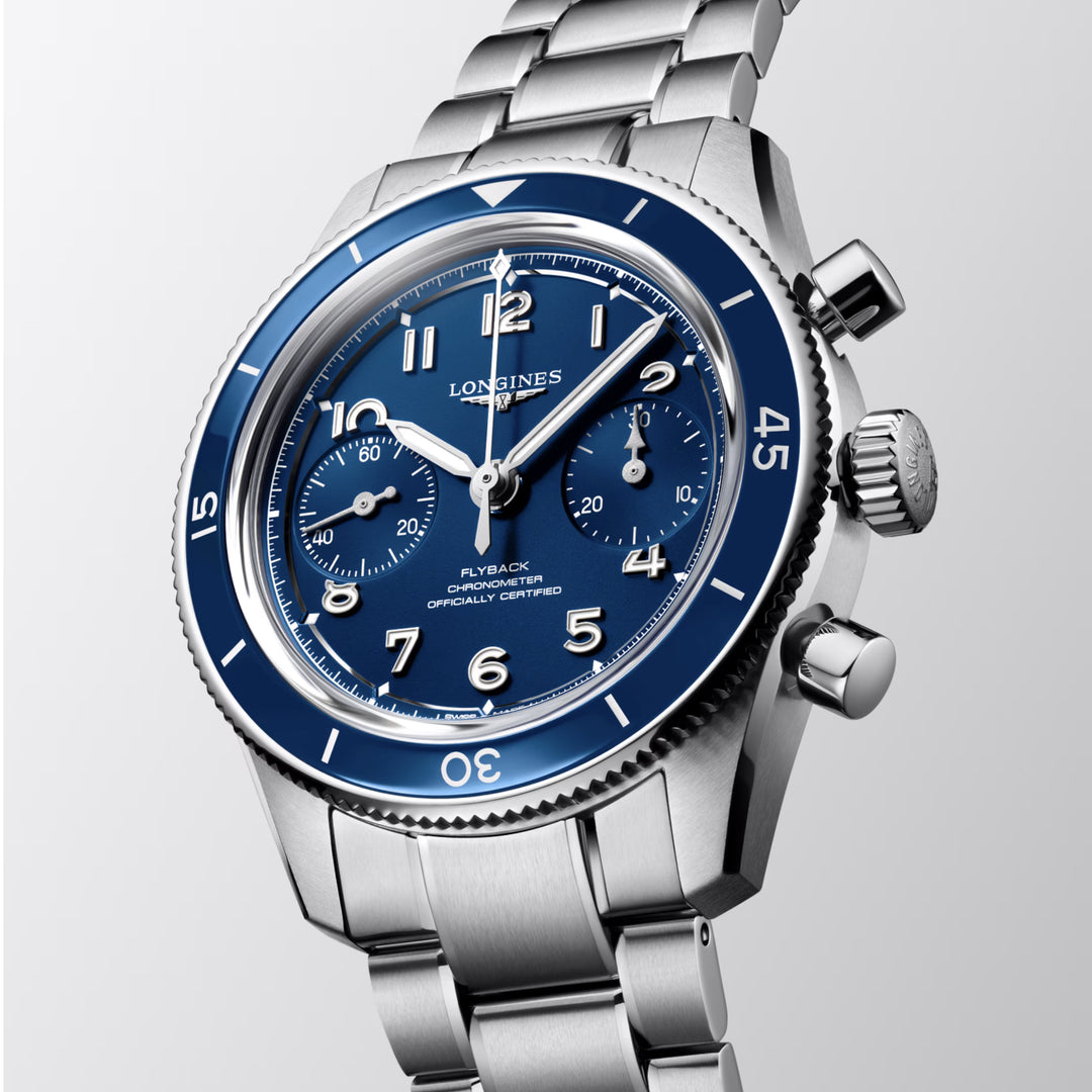 Longines horloge Spirit Pilot Flyback 39,5 mm blauw handmatig opwindbaar staal L3.721.4.93.6