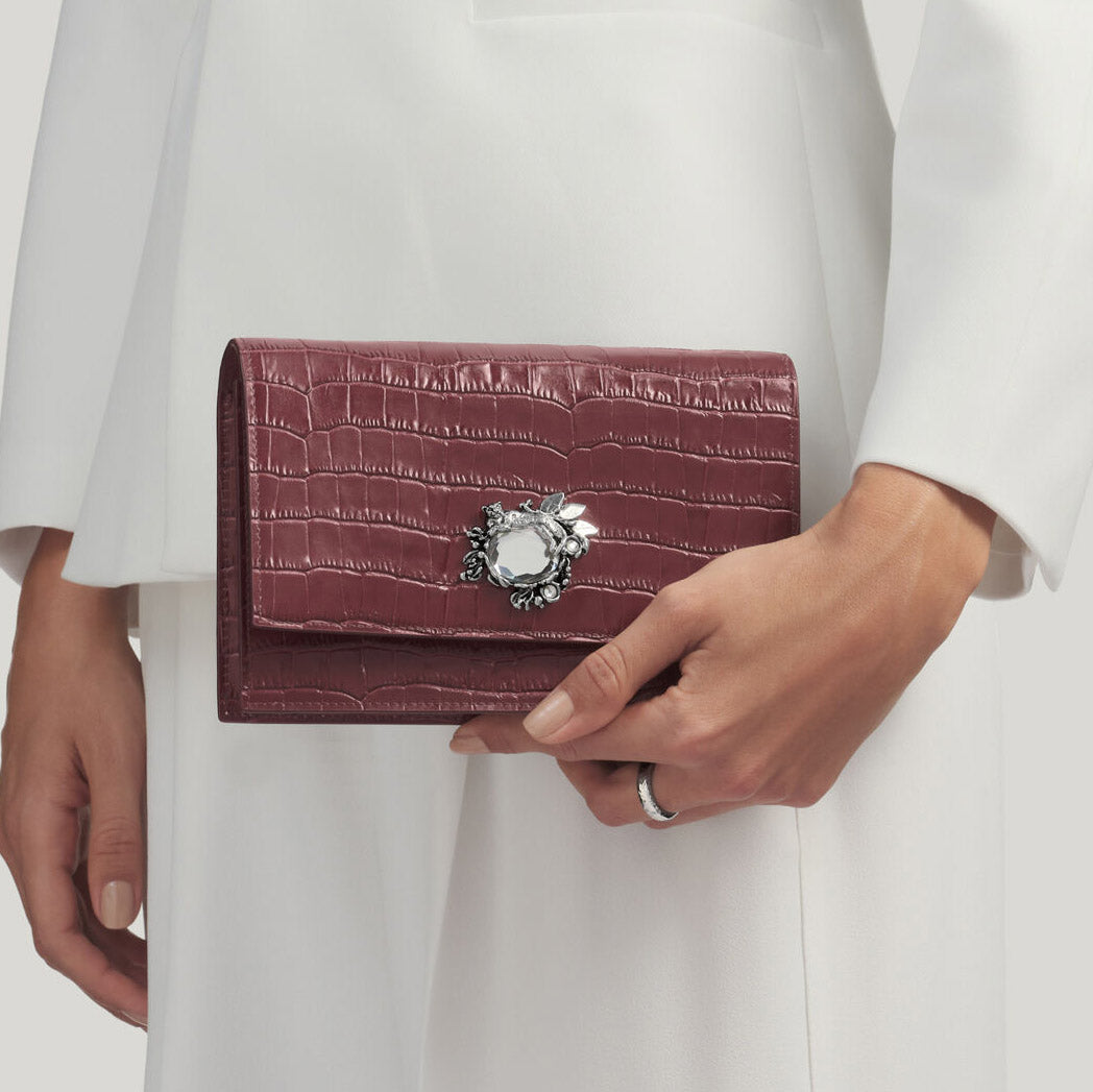 Giovanni Raspini Dschungel-Clutch Kroko-Bordeaux-Bronze-weißes Leder L0034