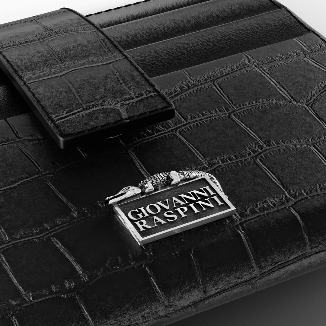 Giovanni Raspini zwarte croco lederen kaarthouder portemonnee 925 zilver L0025