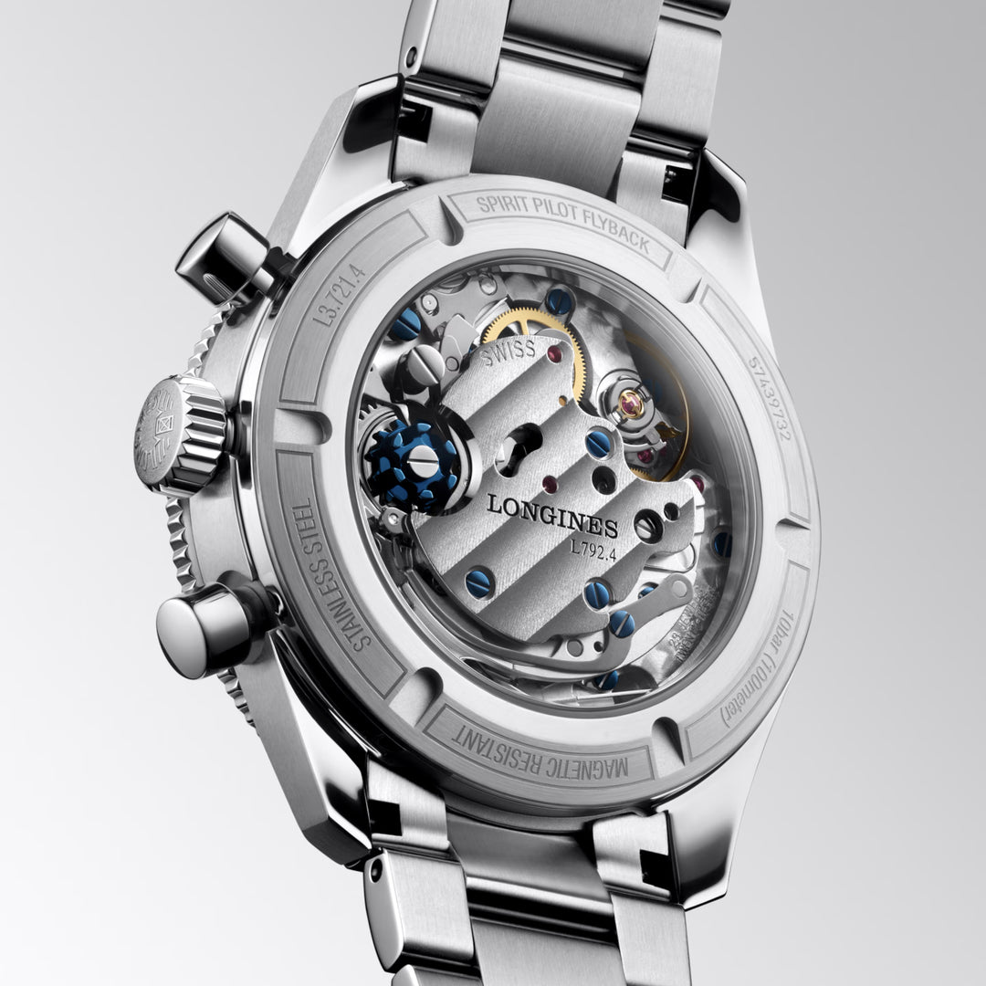 Longines horloge Spirit Pilot Flyback 39,5 mm blauw handmatig opwindbaar staal L3.721.4.93.6