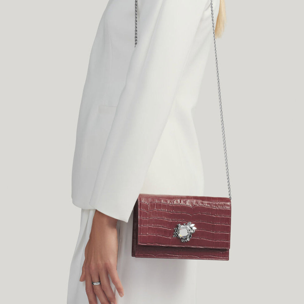 Giovanni Raspini Dschungel-Clutch Kroko-Bordeaux-Bronze-weißes Leder L0034