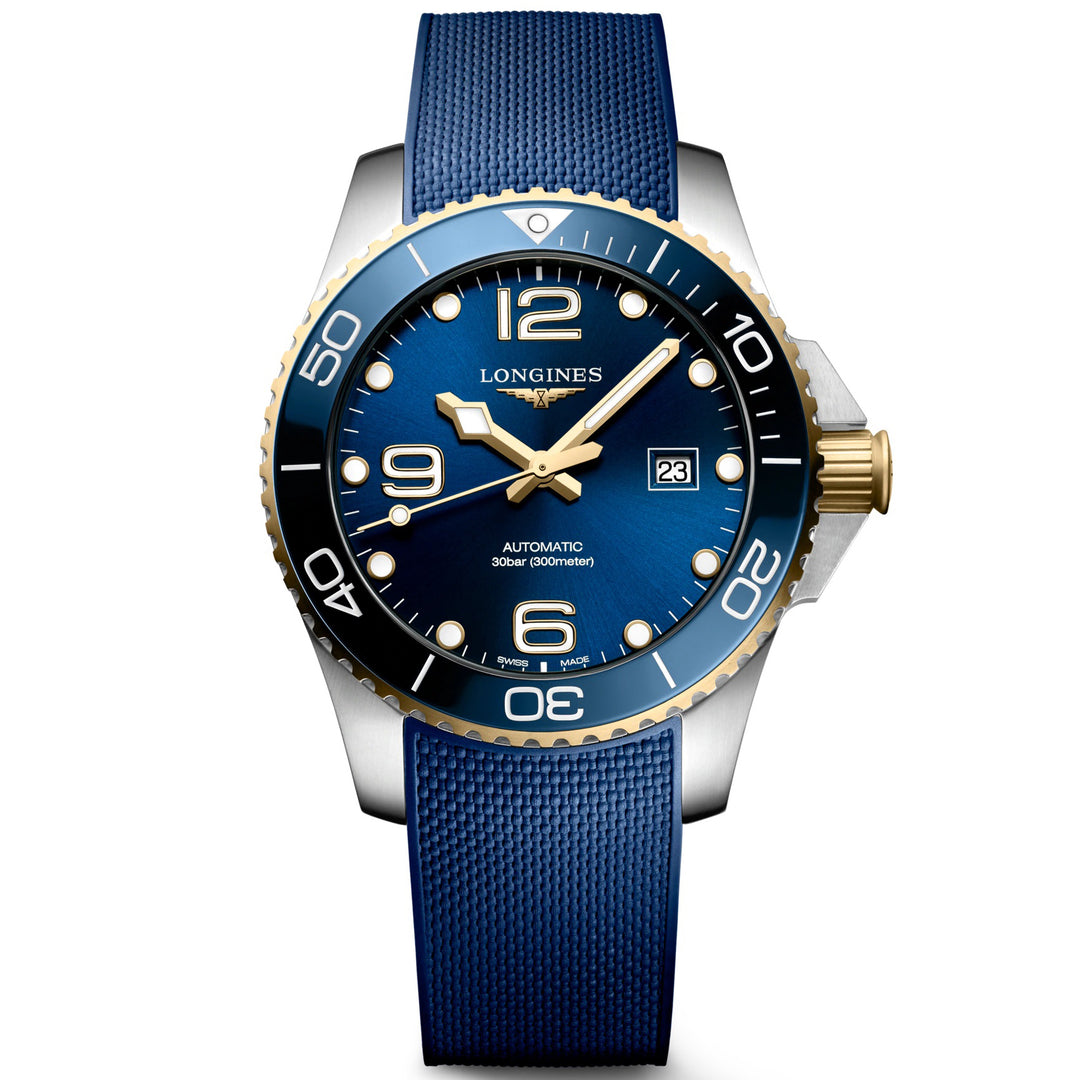 Longines watch HydroConquest 43mm blue automatic steel finish PVD yellow gold L3.782.3.96.9