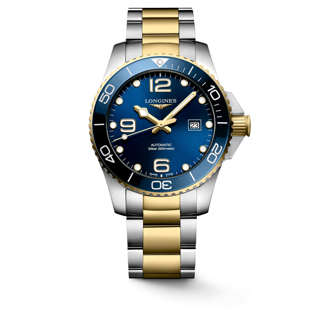 Longines watch HydroConquest 43mm blue automatic steel finishes PVD yellow gold L3.782.3.96.7