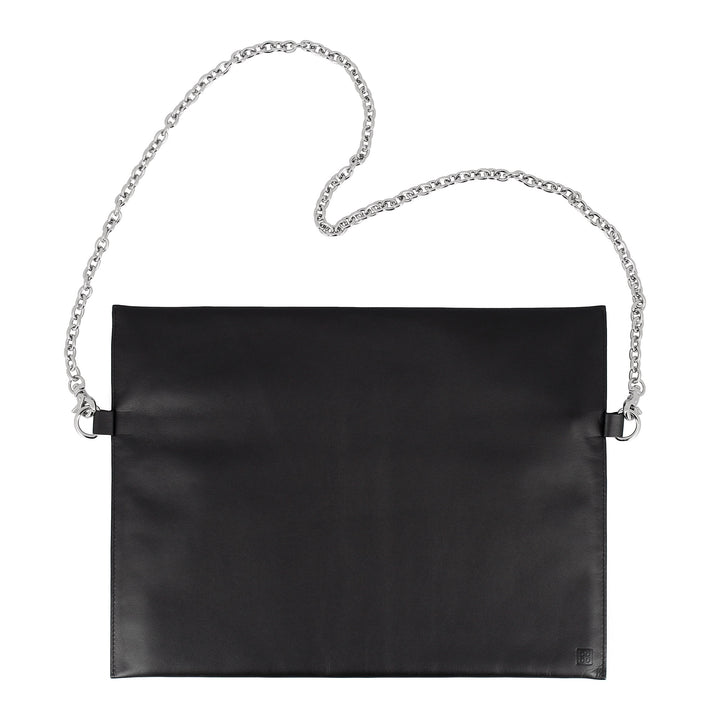 DuDu Black Bash Bag Woman in Leer met een elegante dunne ontwerpketting met zip -ritssluiting