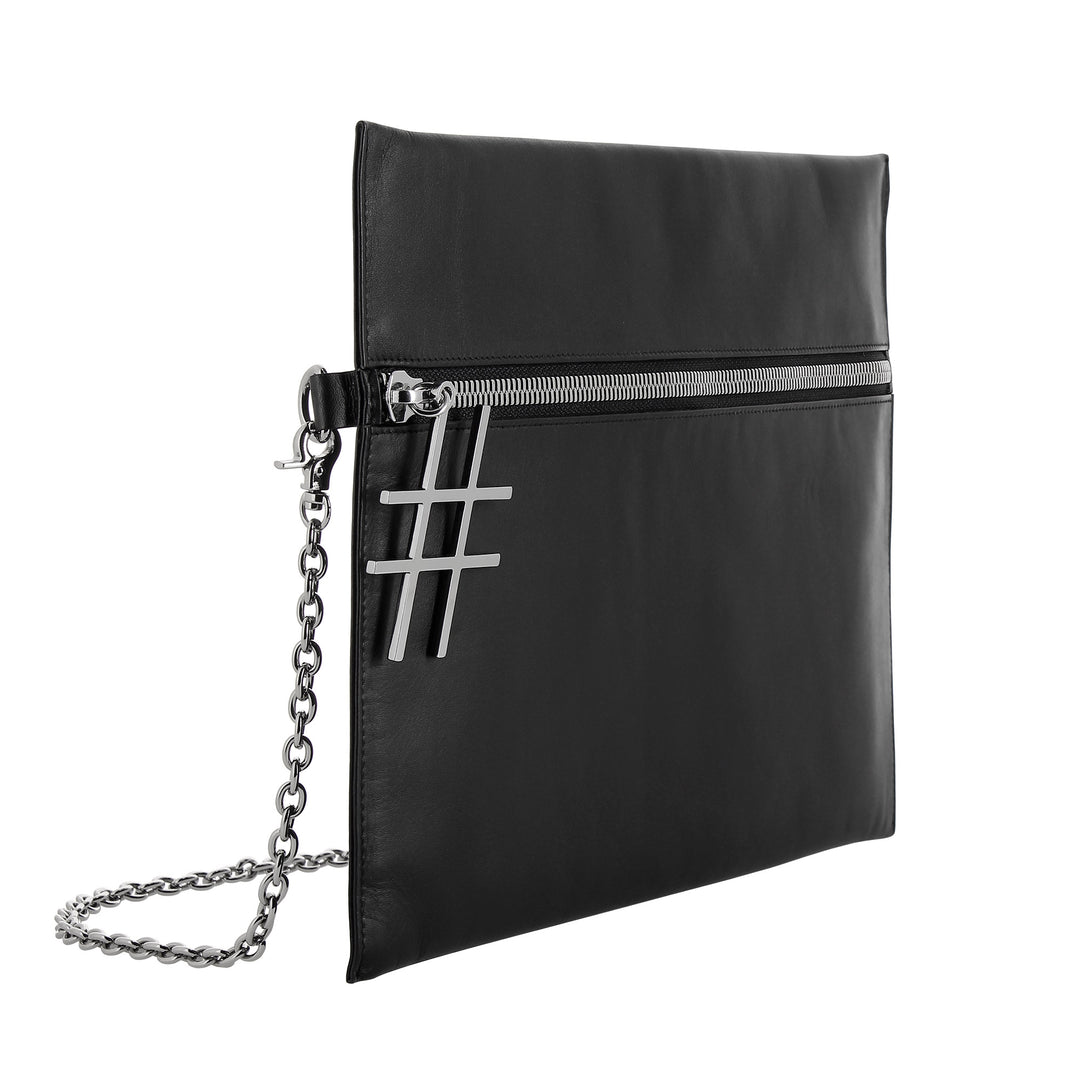 DuDu Black Bash Bag Woman in Leer met een elegante dunne ontwerpketting met zip -ritssluiting