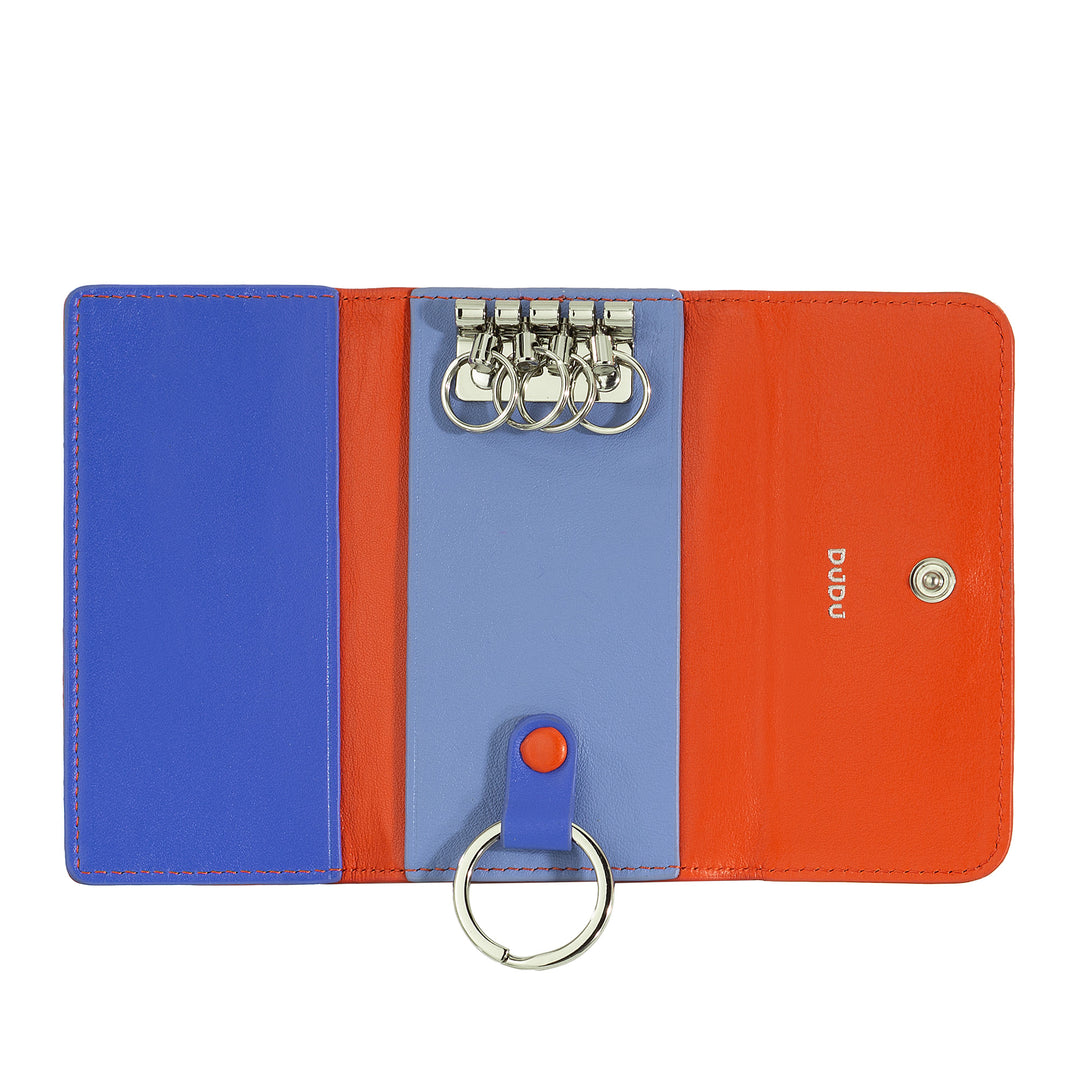DUDU Keychain Case in Colored Leather with 5 Rings for Car Keys, Minimal Design, with Button