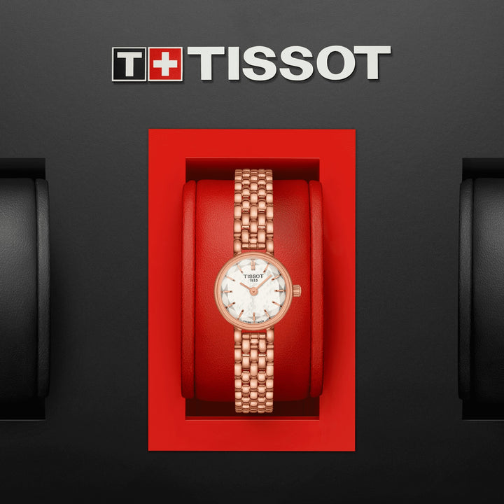 Tissot Watch Mooie ronde 19,5 mm Madreper Perf kwarts stalen afwerking PVD Gold Rose T140.009.33.111.00