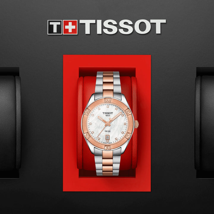Tissot montre PR 100 Sport Chic 36mm Mother of Pearl Quartz acier finition PVD or rose T101.910.22.116.00